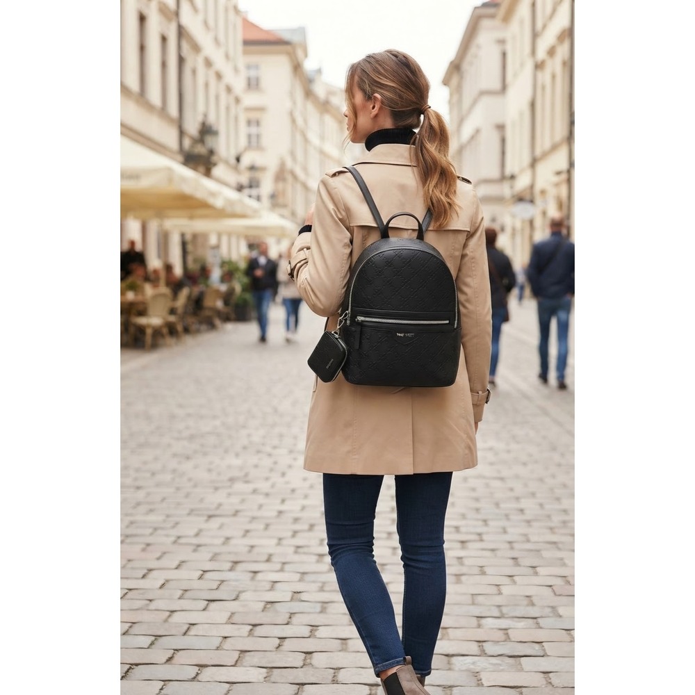 Nine West Whidbey Black Embossed Logo Mini Backpack with Removable Card Case